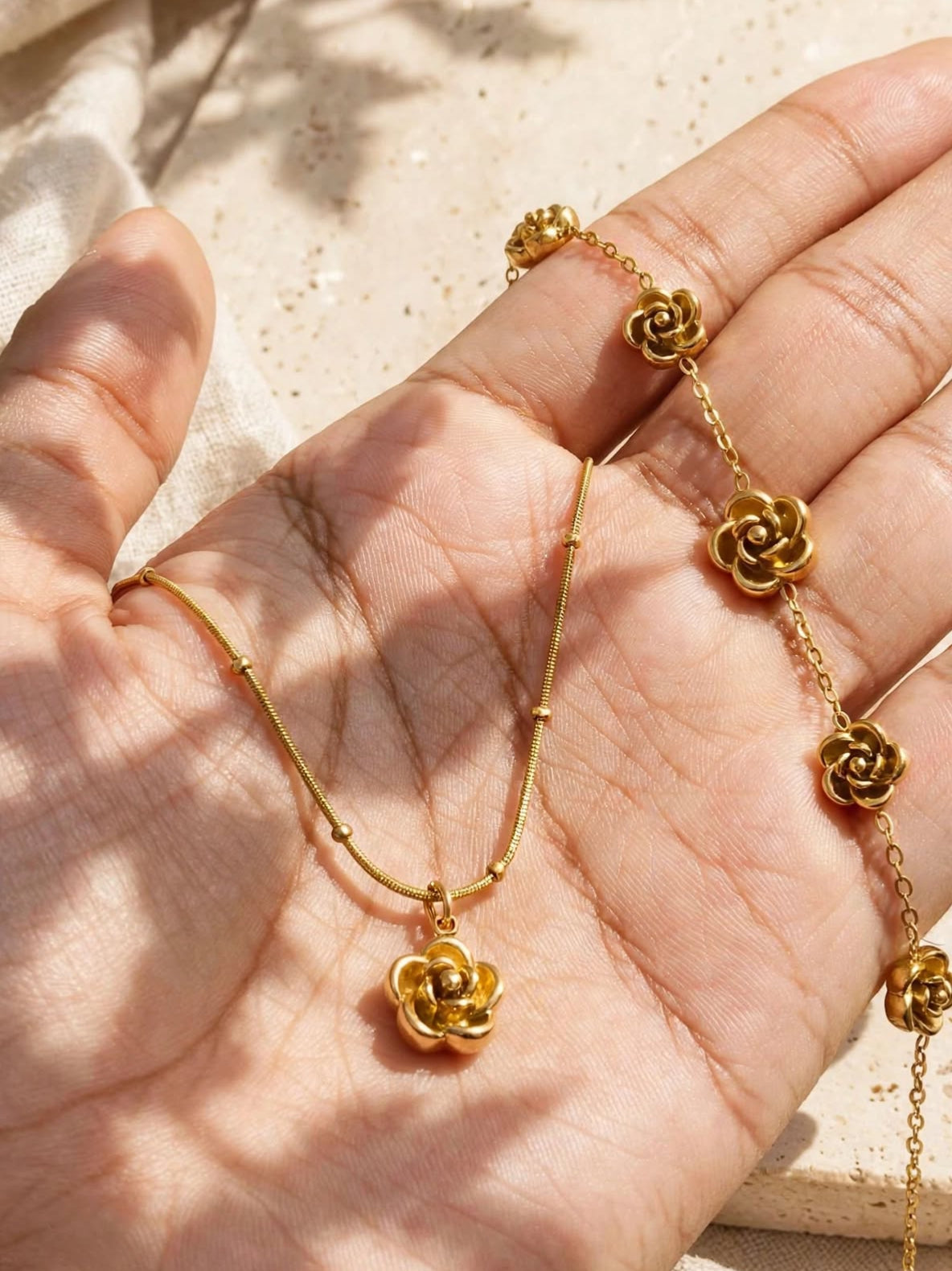 Golden Rose Floral Necklace & Bracelet Set